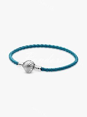 Pandora Moments Seashell Clasp Turquoise Braided Leather Bracelet